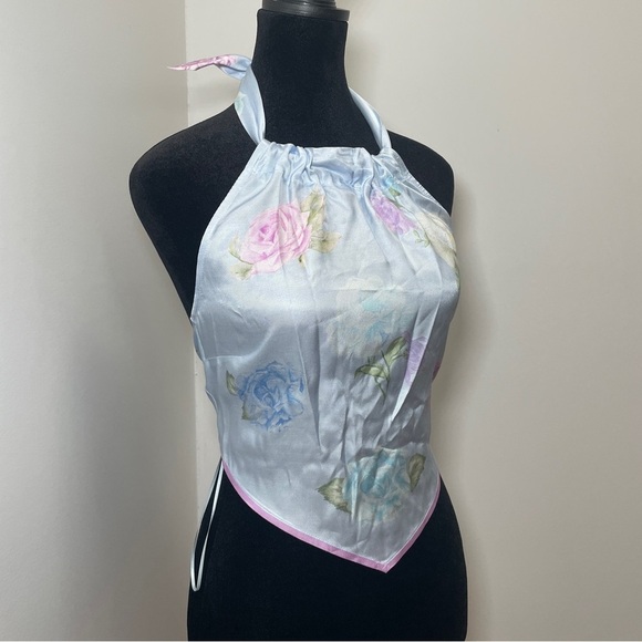 NEW! LoveShackFancy- Hollison Floral Scarf Top Amarillo Sky Blue Halter Size 8 - Picture 2 of 7